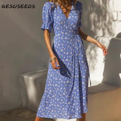 Elegant dress women party dresses 2021 summer short sleeve midi dress sexy v neck dresses floral print wrap dress blue female