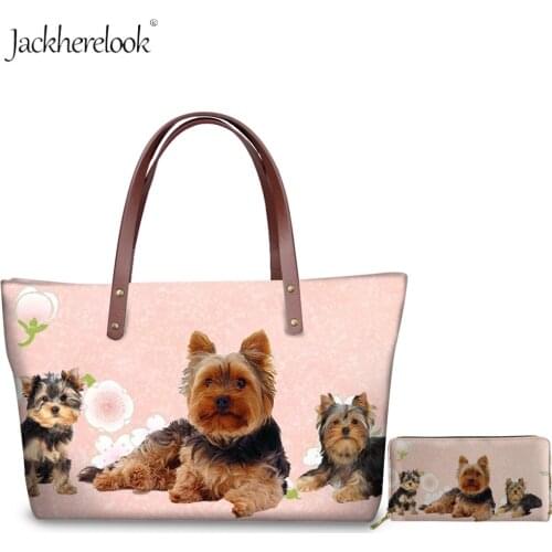 Jackherelook 2Pcs Cartoon Yorkie Dog Handbag and Purse For Women Lovely Animal Design Totes Messenger Bag Leather Long Wallet
