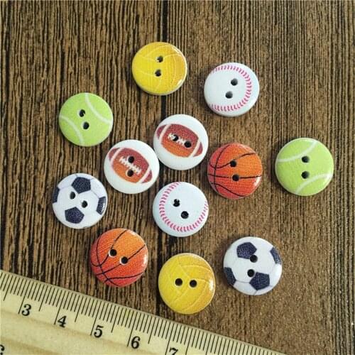 100pcs 15mm Mixed Soccers Football Baseball Wood Round Buttons Craft Scrapbook Sewing 2 Holes diy Button Embellishments