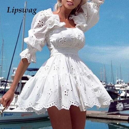 Summer Elegant Womens Cotton Dress Fashion Embroidery Hollow Out Square Collar Party Dresses Autumn Lady Chic Half Sleeve Dress