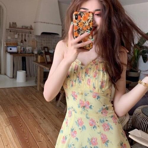 Summer Sweet Print Strap Dress Women Kawaii Vintage Elegant Gentle Lace Ruffles Slim Dress Korean Casual Beach Dress
