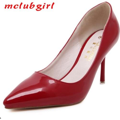 MCLUBGIRLL Star High-heeled Shoes Nude Pink Patent Leather High-heeled Womens Shoes Sexy Thin Heel Red Light Mouth Shoes WZ