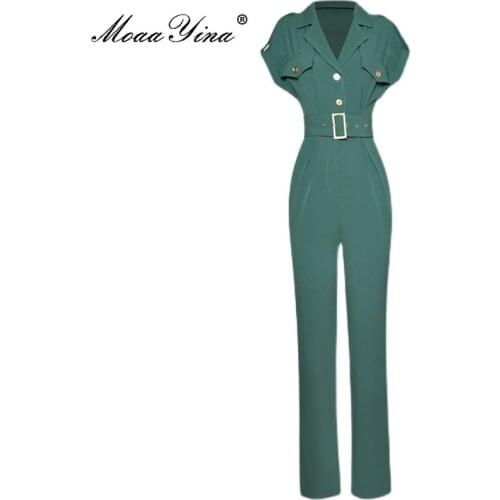 MoaaYina Summer Fashion Runway Bodysuit Women Short Sleeve Sashes Pockets Patchwork Jumpsuit Trousers Romper