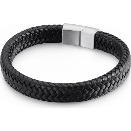 HAOLYNJOY Stainless Steel Charm Bracelets Braided Black Genuine Cowhide Leather Bracelet Mens Hand Wristband Jewelry