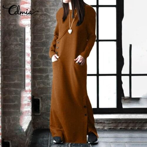 Celmia Autumn Women Plus Size Sweatshirt Dress 2021 Winter Fleece Maxi Long Dress Casual Pullovers Long Sleeve Buttons Vestido 7