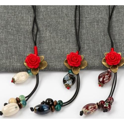 Chinese Ancient Way Flower and Ceramic Beads Necklace Jewelry DIY fashion Necklaces For Women #FY369