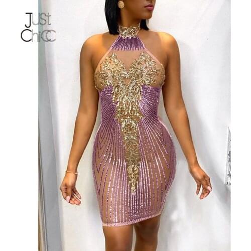Justchicc Halter Purple Sequin Backless Party Women Dress Zipper Elegant Pleated Sleeveless Club Night Dress Bodycon Female Dres