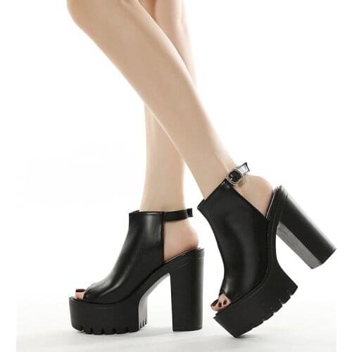 Roman Sandals Women Open Toe Punk Platform Sandals Shoes Block Heel Summer Sandals High Heels Black Leather Sandals Female Shoes