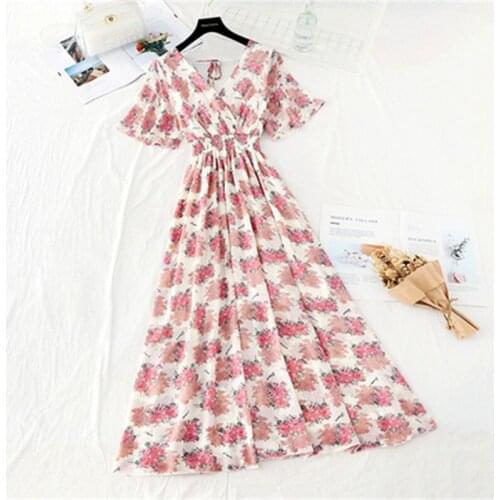 Chiffon Long Dress Summer Vintage Floral Sexy V-neck Ruffle Boho Dresses Elegant Women Party Short sleeve Dress Vestidos 94