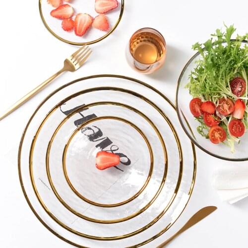 Nordic Glod Charger Glass Dinner Dish Plate Salad Soup Fruit Bowl Dessert Bead Wedding Plate Decorative Tableware