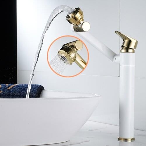 Bathroom Basin Faucets Solid Brass Sink Mixer Tap Hot & Cold Single Handle Deck Mounted Rotating Chrome Lavatory Crane Faucet
