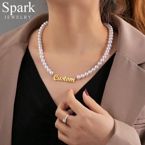 Spark Charm Luxury Customized Stainless Steel Nameplate Pearl Chain Necklaces for Women Female Personalized Name Pendant Jewelry