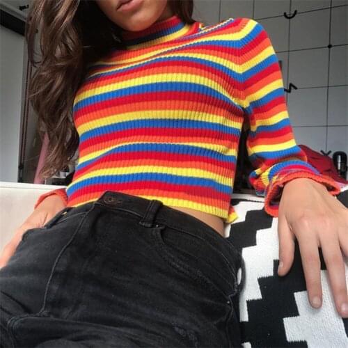 Rainbow Stripes T Shirt Women Y2k Turtleneck Long Sleeve Knitwear Spring E Girl Slim Sexy Women Pullover Tops Streetwear Women