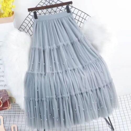 Patchwork Pleated Faldas Largas Elegantes Tulle Skirt Jupes Longues A Line High Waist Women Lace Midi Maxi Pink Blue Skirts