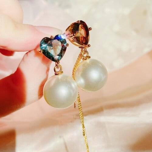 MENGJIQIAO Wholesale Korean Elegant Heart Crystal Drop Earrings For Women Girl Fashion Pearl Ball Brincos Party Jewelry Gifts