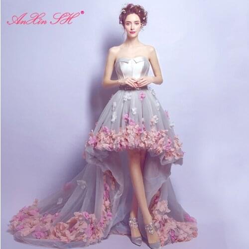 AnXin SH princess strapless Before short and long Korean pink flower white satin grey lace big bow trailing luxury evening dress