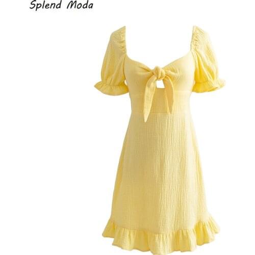 2021 Summer New Women Chest Knotted Hollow Out Ruffle Puff Sleeve Dress Waist Short Dress Solid Color Chic Fashion Female