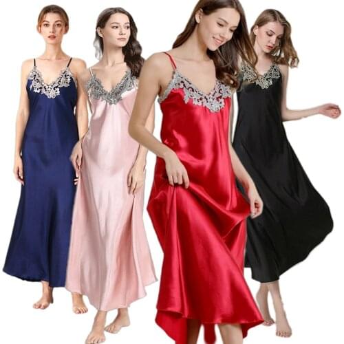Lace Night Dress Pink Negligee Ladies Long Night Gowns Black Womens Sleepwear Silk Nightwear V-neck Plus Lingerie Dressing Gown