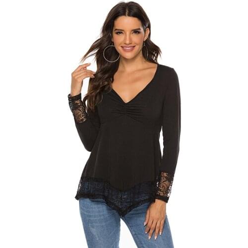 2020 Sexy Tops Women Long Sleeve Loose T Shirt Summer Ladies Casual V-neck Tees Top Pure Color Lace Patchwork T-Shirt