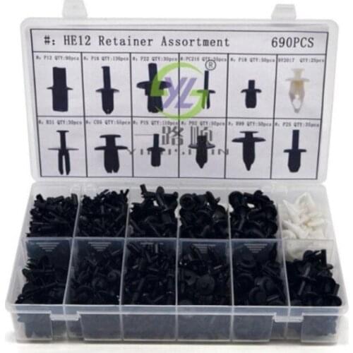 690 Pieces 12-Size Car Push-Type Pin Rivet Trim Clip Panel Assortment Kits HE12