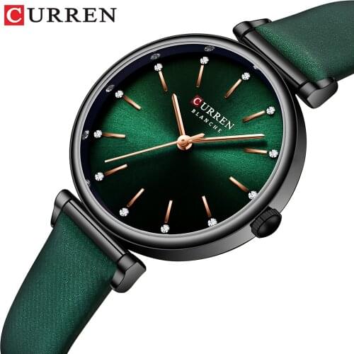 CURREN Womens Watches New TOP Brand Luxury Quartz Wristwatch with Leather Shiny Rhinestones dial Green Clock Female