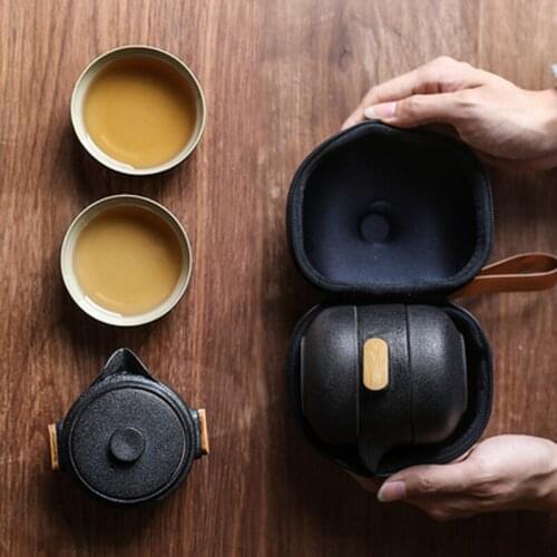 Japanese-Style Black Pottery One Pot Two Cups Tea Sets Portable Travel Home Office Cups Ceramic Tea Coffee Container With Bag