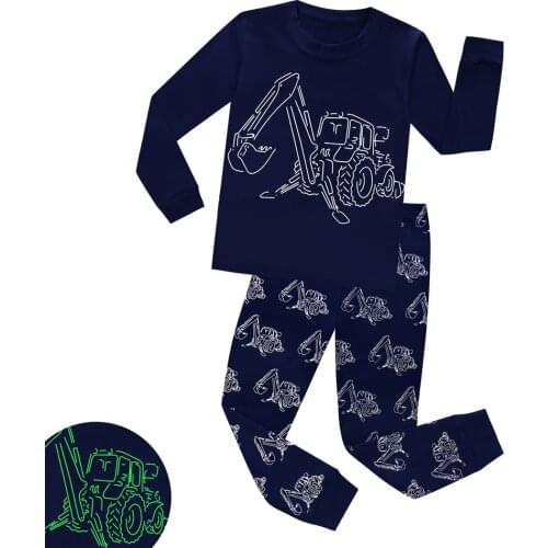2021 Cartoon Design Excavator O-Neck Boys Cotton Pajamas Glow In Dark Set for Child Kids Long Sleeve Pyjamas Boys Pyjamas