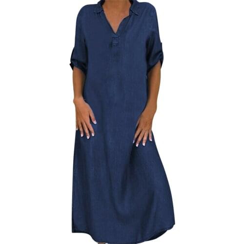 Loose Long Dress Solid Color Sukienka Casual Button Vestidos Denim V-neck Roll Sleeve Floor-length Sukienka Lady Femme Robe