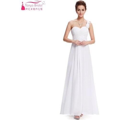 One Shoulder Flowers A Line Long Bridesmaid Dresses Chiffon Vintage Style Simple Formal Wedding Guest Dress Gown DQG508