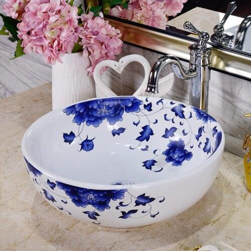 Porcelain blue and white Countertop Lavabo Bathroom Sink ceramic Wash Basin