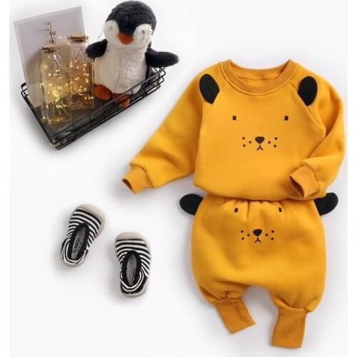 Baby suit cartoon autumn and winter new plus velvet 100% cotton cartoon image girl suit boy long-sleeved sweater + trouser suit
