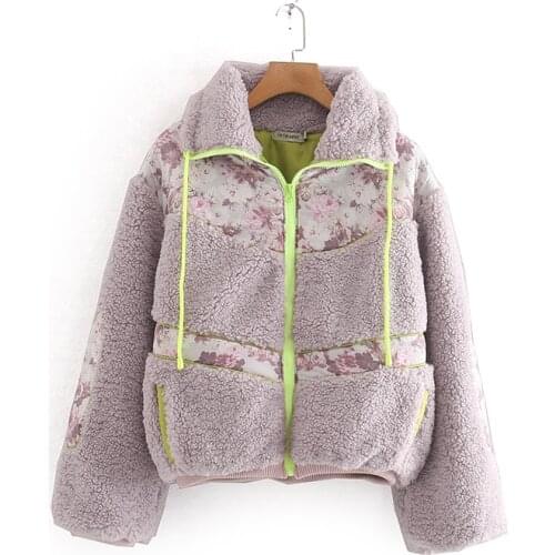 Fashion 2021 Za Women Coat Vintage Floral Print Flocking Coat Bat Sleeved Warm Thick Female Zipper Elegant Jacket Mujer