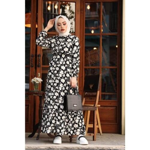 DAISY PATTERNED MUSLIM WOMEN SHIRT DRESS FOR SUMMER AND SEASONAL SUPER QUALITY COTTON VISCOSE FABRIC ISLAMIC DRESS