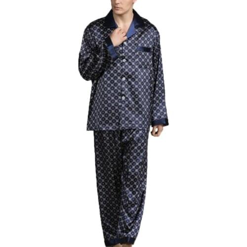 Men Pajama Sets Summer Imitation Silk Pajama Set Print Shirt Long Pants Sleepwear Nightwear Mens Sleep Lounge пижама мужская