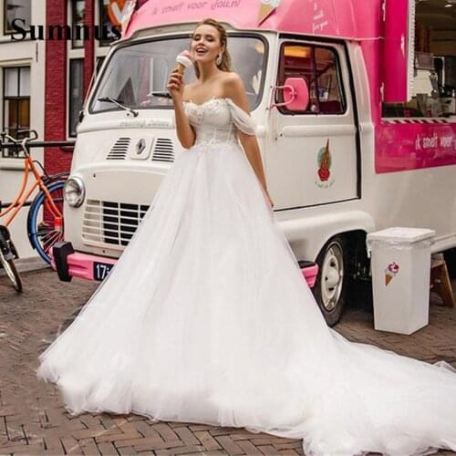 Sumnus Short Sleeves A-Line Wedding Dresses Boho Off Shoulder Lace Appliques Princess Bridal Gowns 2021 Vestidos De Mariee
