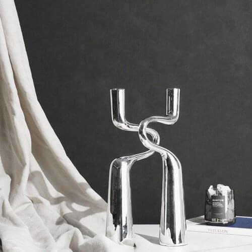 Modern Creative Home Living Room Dining Tabletop Silver Double Vertical Twisting Cross Candle Holder Soft Decor Accessories