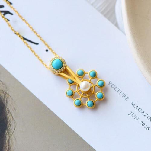 Happy Ferris Wheel Natural Raw Ore Turquoise Pendant Female S925 Sterling Silver Necklace Fashion Design Pendant