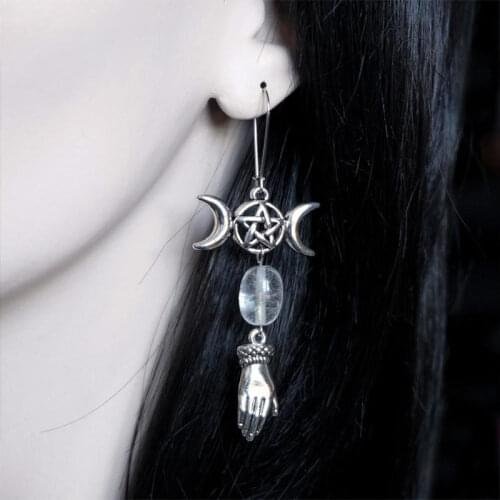 A Pair Of Triple Moon Goddess White Glass Crystal Hands Drop Earrings Occult Pagan Pendant Jewelry Gift For Women