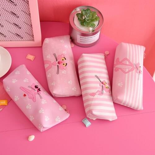 Cute Pink Panther Pencil Bag Pen Case for Girls Pouch Bag Make Up Case PU Stationery Pouch with Zipper School Supplies