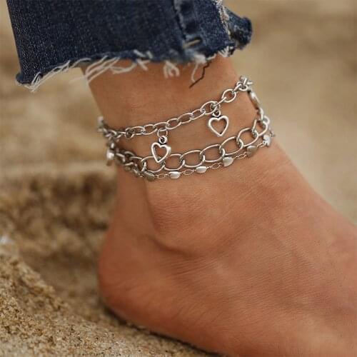Hollow Heart Anklet Boho Multilayer Silver Color Anklets Set For Women 2021 New Trendy Trend Jewelry Chain Bracelets Set