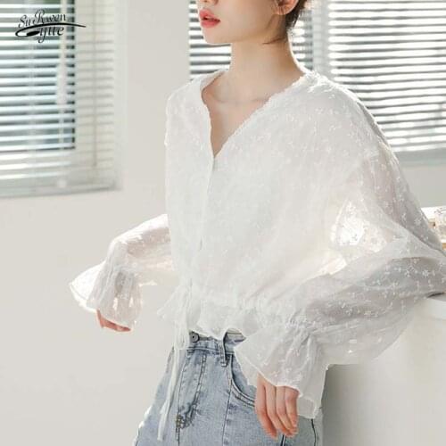 Korean version of embroidery flower lace female autumn long-sleeved V-neck casual shirt new lace-up slim sunscreen top 15706