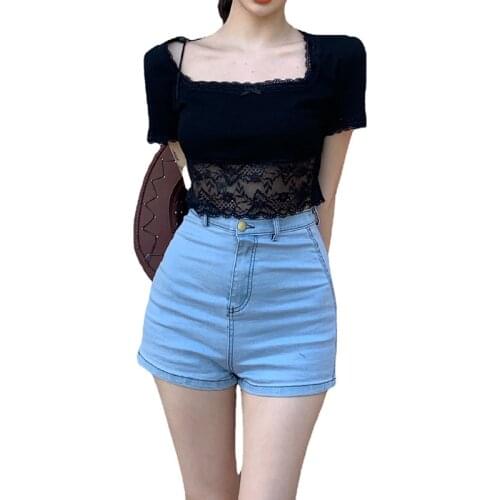 Women’s Casual Short Sleeve T-shirt Fashion Contrast Color Lace Stitching Exposed Navel Tops