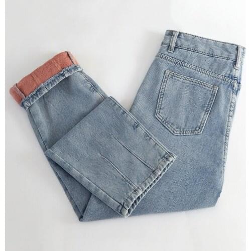 Womens Jeans Winter Warm Fleeces Thick Jeans Pants Korean Ankle-length Blue Denim Harem Pants Casual Trousers Jean 2020 P9506