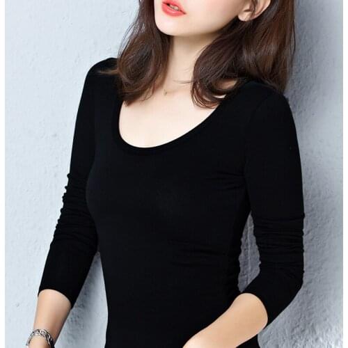 Women T shirts 2021 Casual Basic O-neck Cotton Full Sleeve Stretch Tops Fashion Solid Women Undershirt Ladies Pullover Leisure