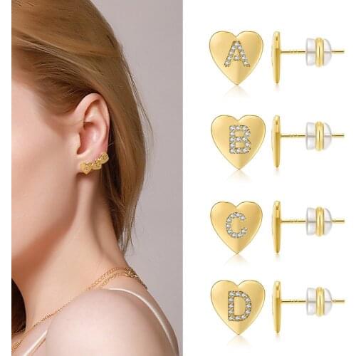 Classic Gold Color Heart Style Capital Zirconia Letter Stamp 925 Sterling Silver Stud Earrings For Women Jewelry Gift
