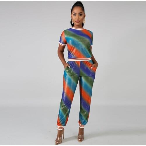 Gradient Color Two Piece Set Sweatsuit for Women Short Sleeve O-neck T-shirts and Jogger Sweatpant Streetwear Female Clothing