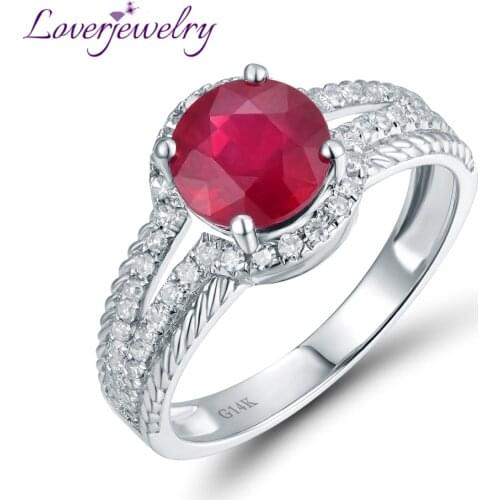 LOVERJEWELRY Red Gemstones Elegant Diamonds Rings Real 14KT White Gold Natural Round Ruby Ring Finger For Women Engagement