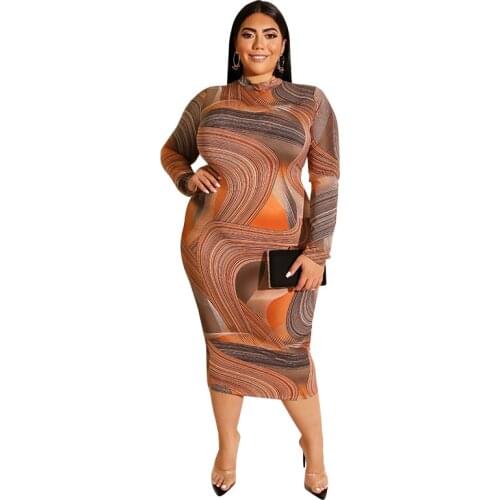 Bodycon Dress Plus Size 5XL 2021 Summer Printed Bag Hip Zipper Long Sleeve Round Neck Pencil Skirt Casual Sexy Calf Length