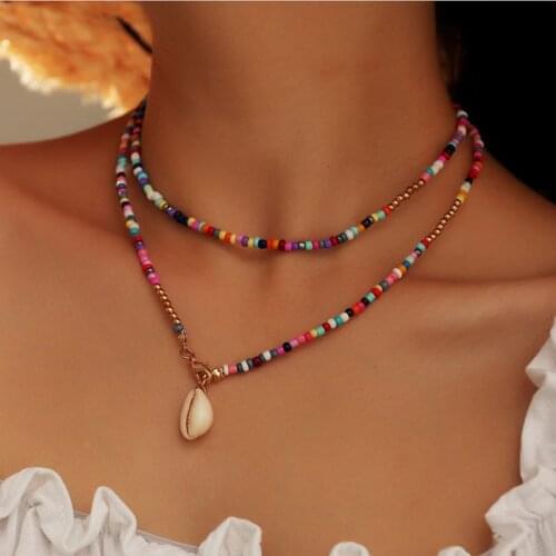 Bohemian Colorful Seed Beads Choker Necklace for Women Multi Layer Shell Statement Short Collar Clavicle Chain Necklace Jewelry