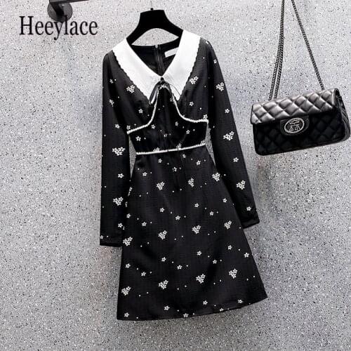 Plus Size Women French Vintage Long Sleeve High Waist A-line Dresses Korean Casual Vestidos Office Ladies Beading Vestidos 4XL